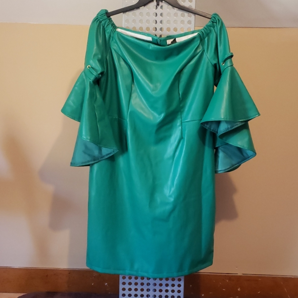 Brand NWT Faux Leather Green Off Shoulder Dress